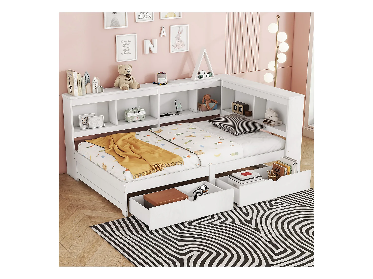 Lit Daybed 90 x 200 cm, avec 2 tiroirs, prise et 2 ports USB, structure en panneaux de particules, blanc (223.6x116.6x70 cm)