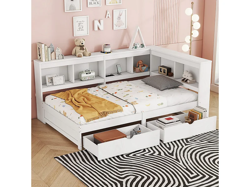 Dagbed 90 x 200 cm, met 2 lades, stopcontact en 2 USB-aansluitingen, spaanplaatstructuur, wit (223,6 x 116,6 x 70 cm)