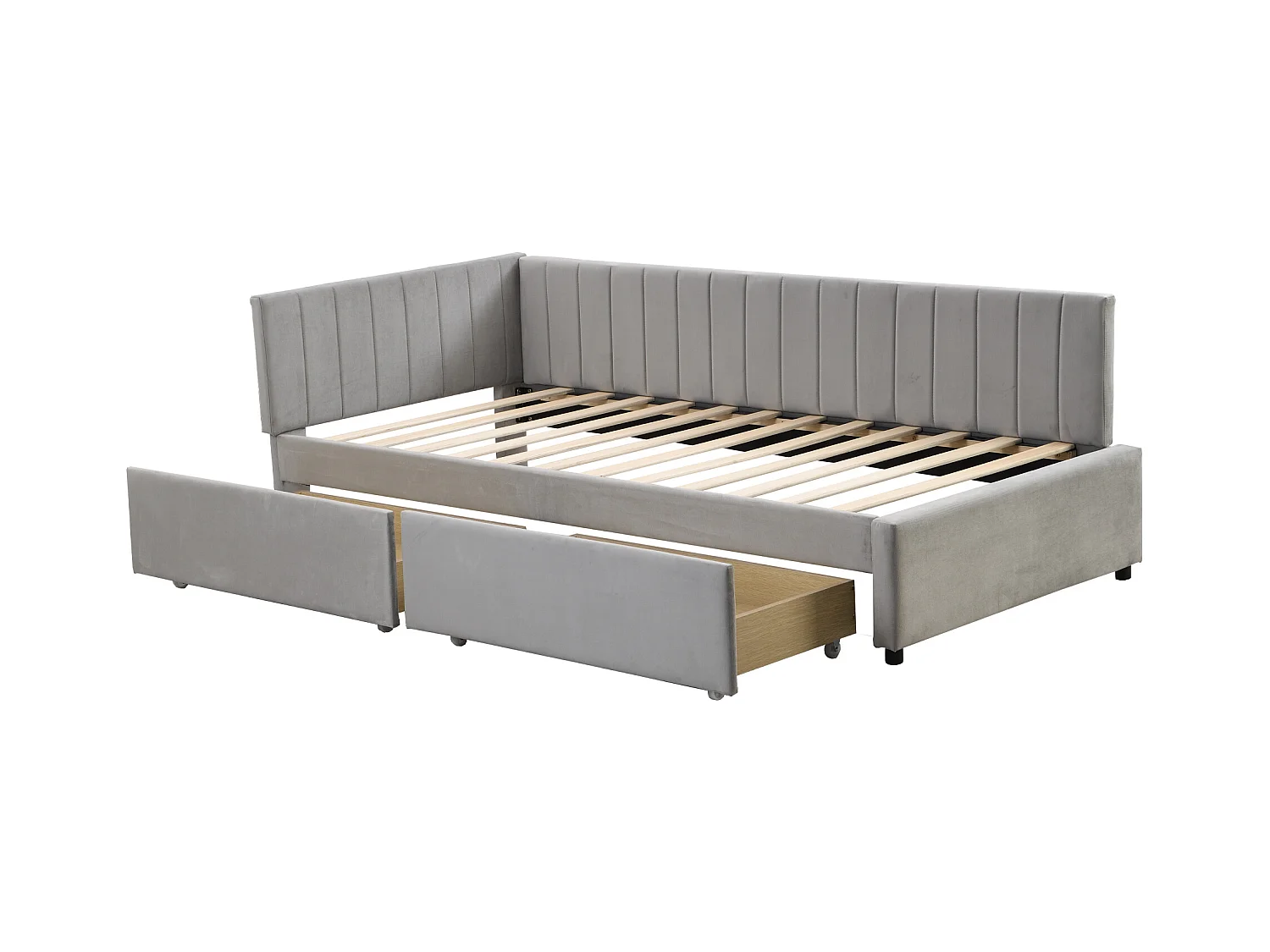 Lit multifonction 90 x 200 cm, canapé-lit avec 2 grands tiroirs de rangement, tissu velours gris (205x97x68 cm)