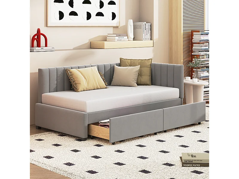 Lit multifonction 90 x 200 cm, canapé-lit avec 2 grands tiroirs de rangement, tissu velours gris (205x97x68 cm)