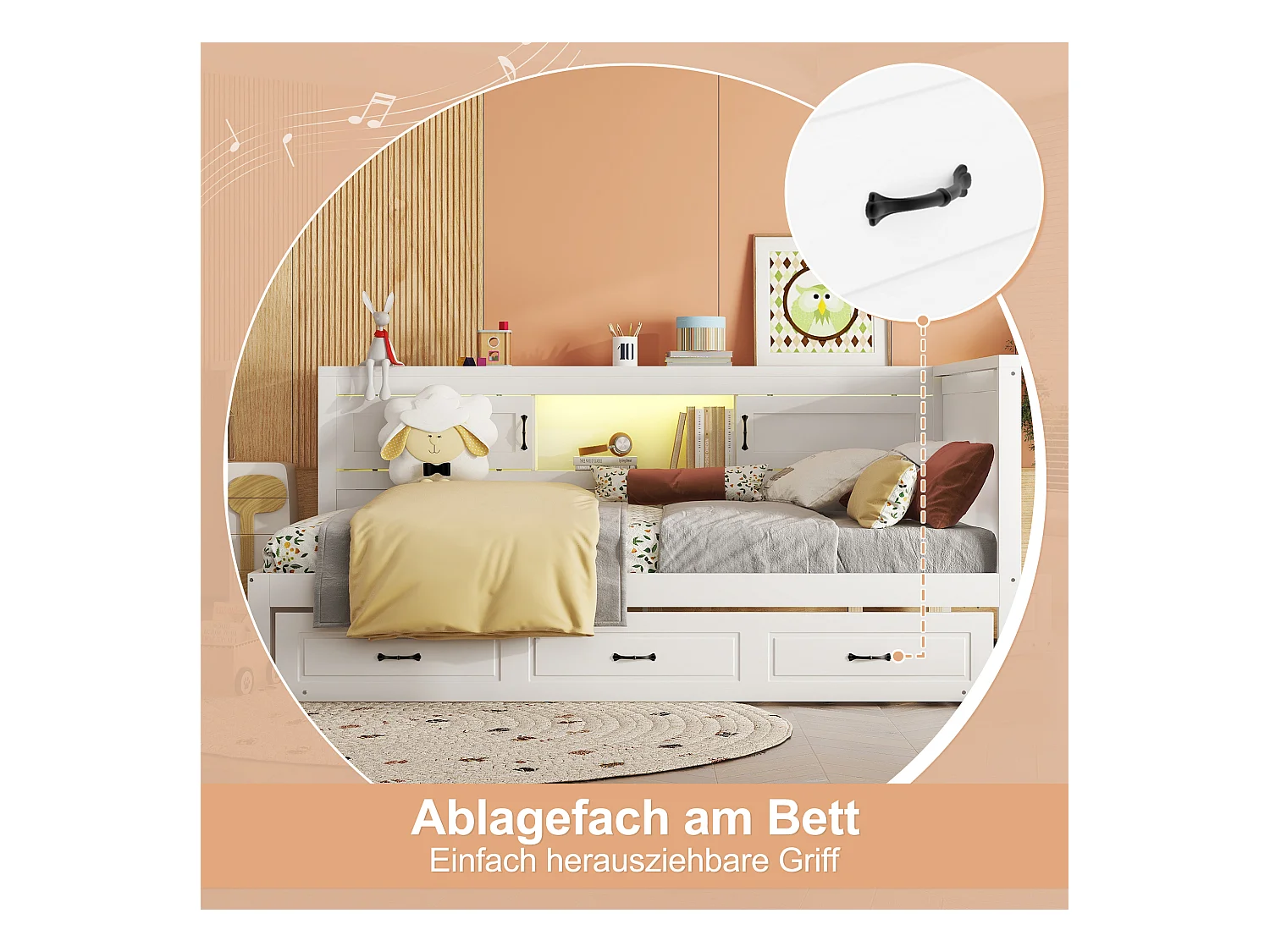 Divano letto, divano letto, 140x200 cm, con LED, vano contenitore laterale, letto estraibile, presa + USB, senza materasso, bianco (204,5x164,5x90 cm)