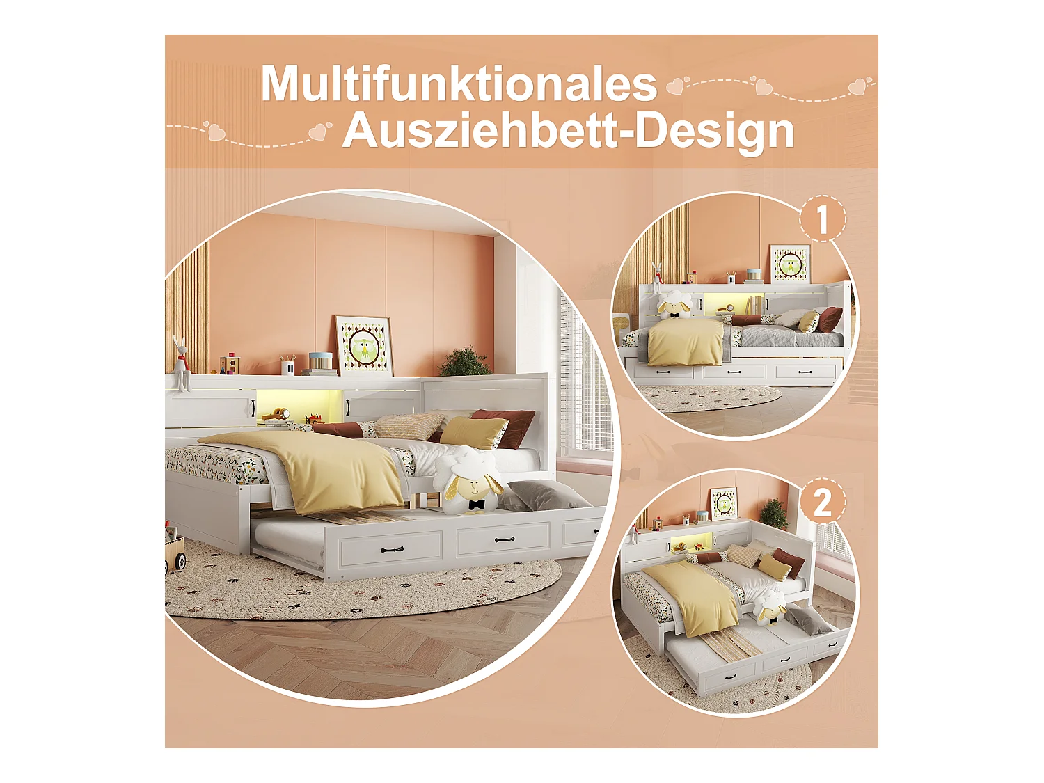 Divano letto, divano letto, 140x200 cm, con LED, vano contenitore laterale, letto estraibile, presa + USB, senza materasso, bianco (204,5x164,5x90 cm)