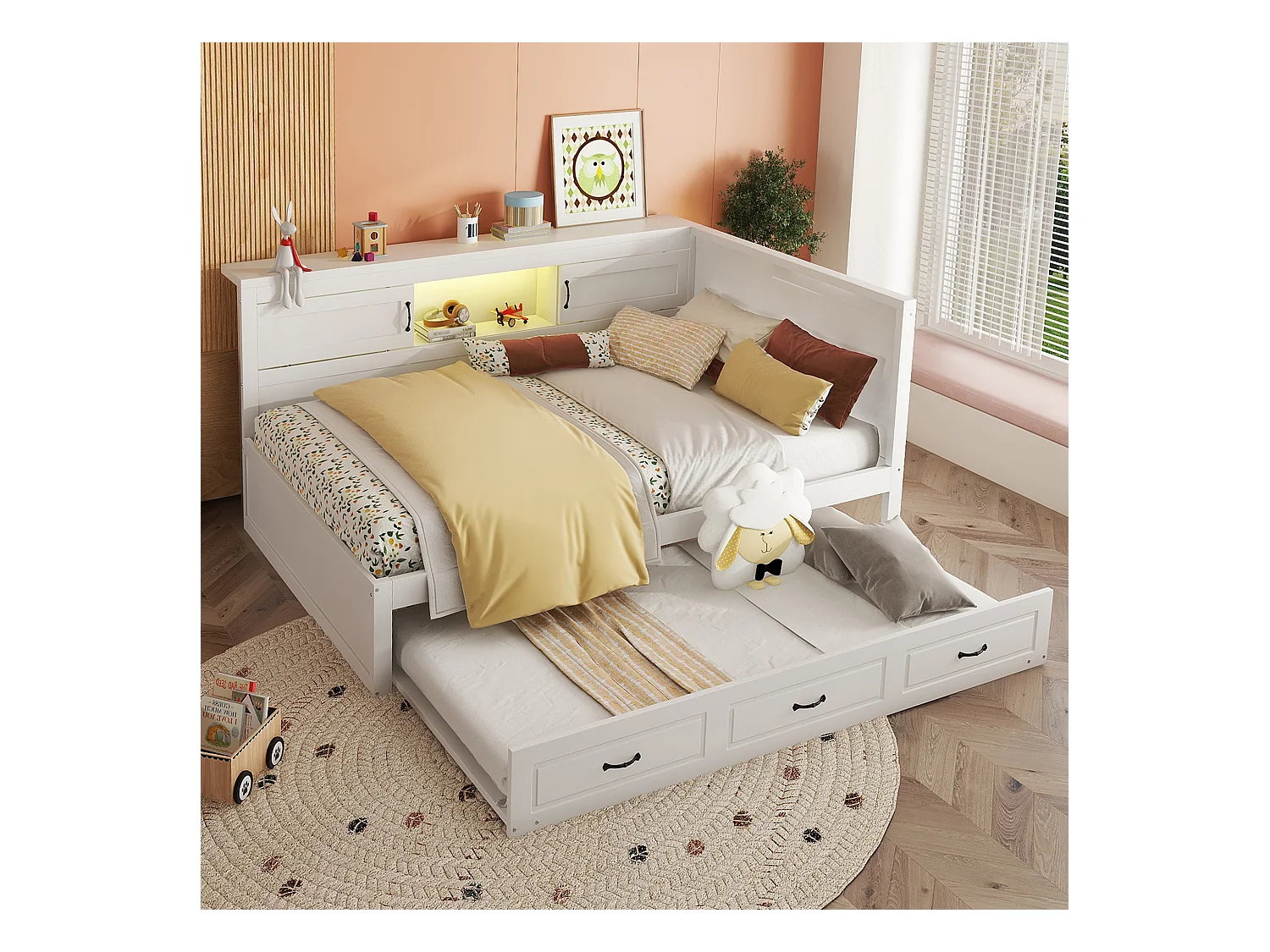 Divano letto, divano letto, 140x200 cm, con LED, vano contenitore laterale, letto estraibile, presa + USB, senza materasso, bianco (204,5x164,5x90 cm)