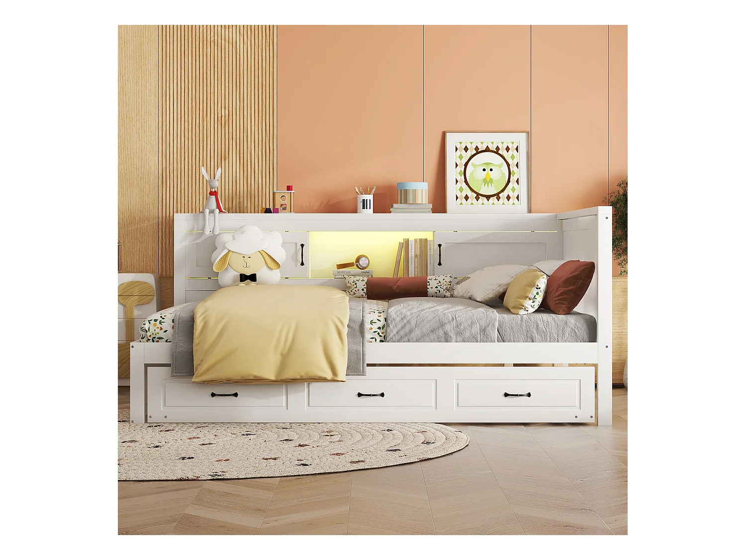 Divano letto, divano letto, 140x200 cm, con LED, vano contenitore laterale, letto estraibile, presa + USB, senza materasso, bianco (204,5x164,5x90 cm)