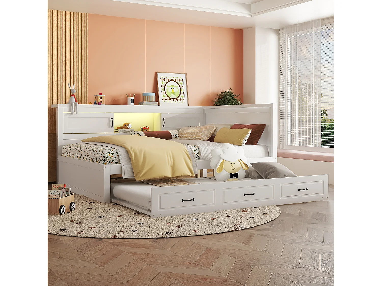 Canapé-lit, daybed, 140x200 cm, avec LED, espace de rangement latéral, lit gigogne, prise + USB, sans matelas, Blanc (204.5x164.5x90 cm)