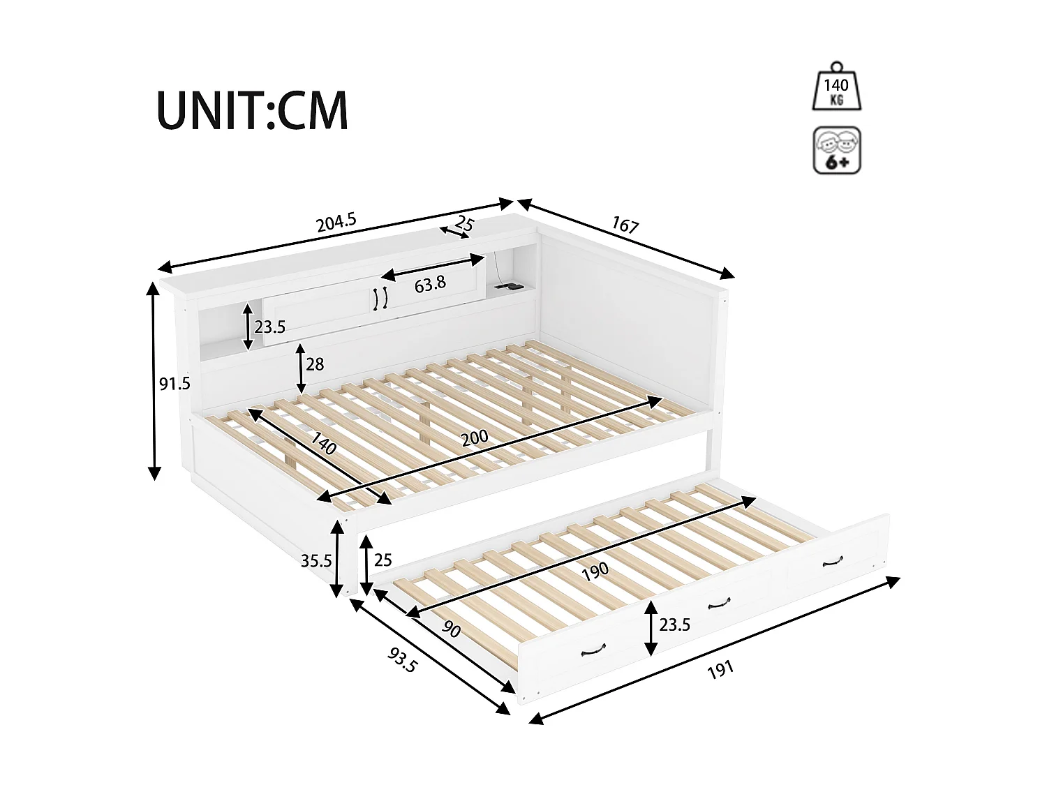 Canapé-lit, daybed, 140x200 cm, avec LED, espace de rangement latéral, lit gigogne, prise + USB, sans matelas, Blanc (204.5x164.5x90 cm)