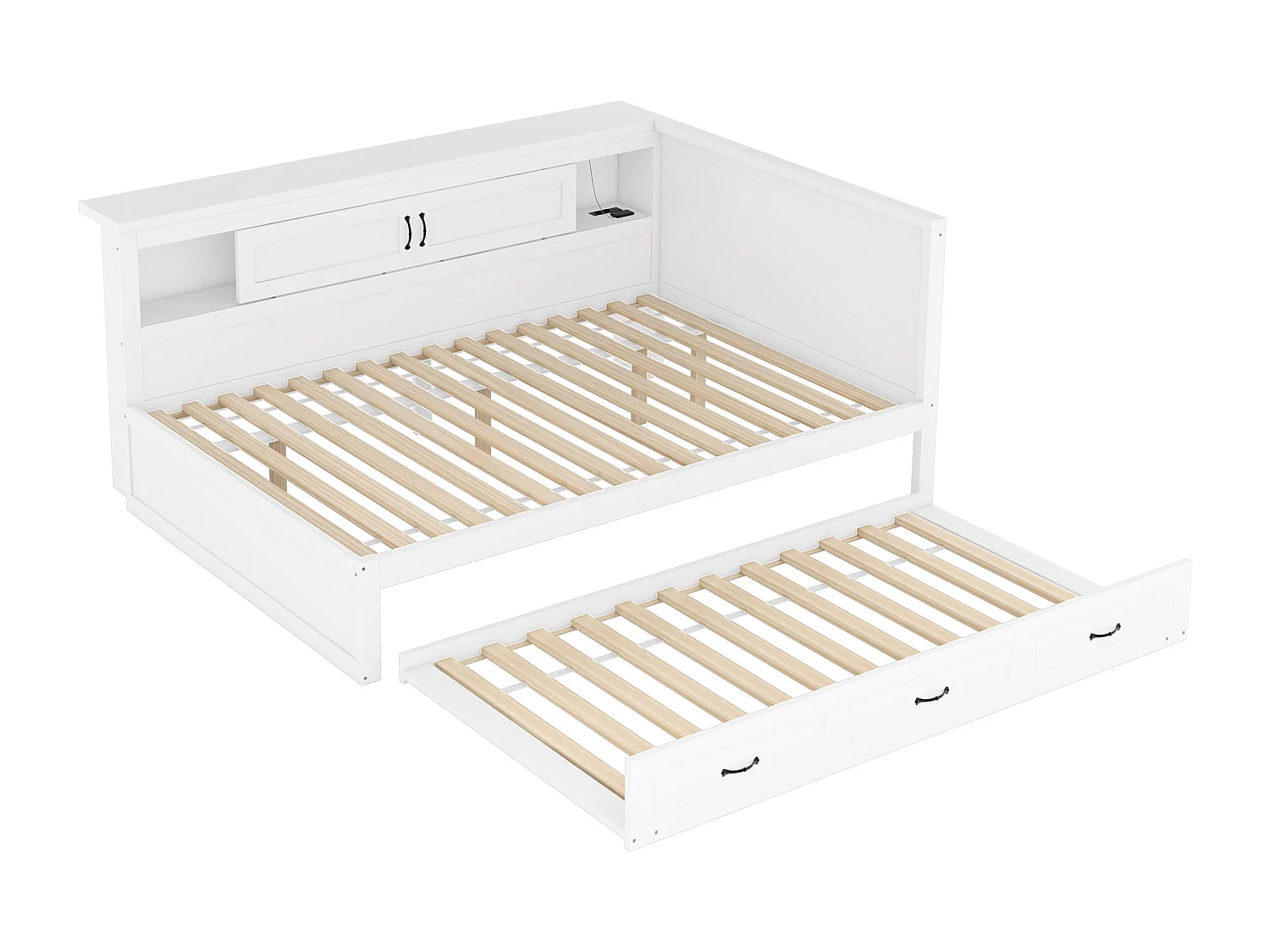 Canapé-lit, daybed, 140x200 cm, avec LED, espace de rangement latéral, lit gigogne, prise + USB, sans matelas, Blanc (204.5x164.5x90 cm)