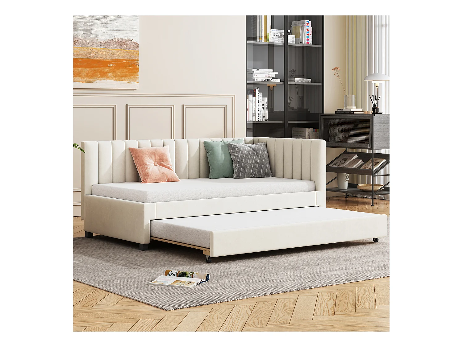 Canapé-lit 90x200 cm, lit escamotable multifonction, velours beige, avec sommier (209.5x97x71 cm)