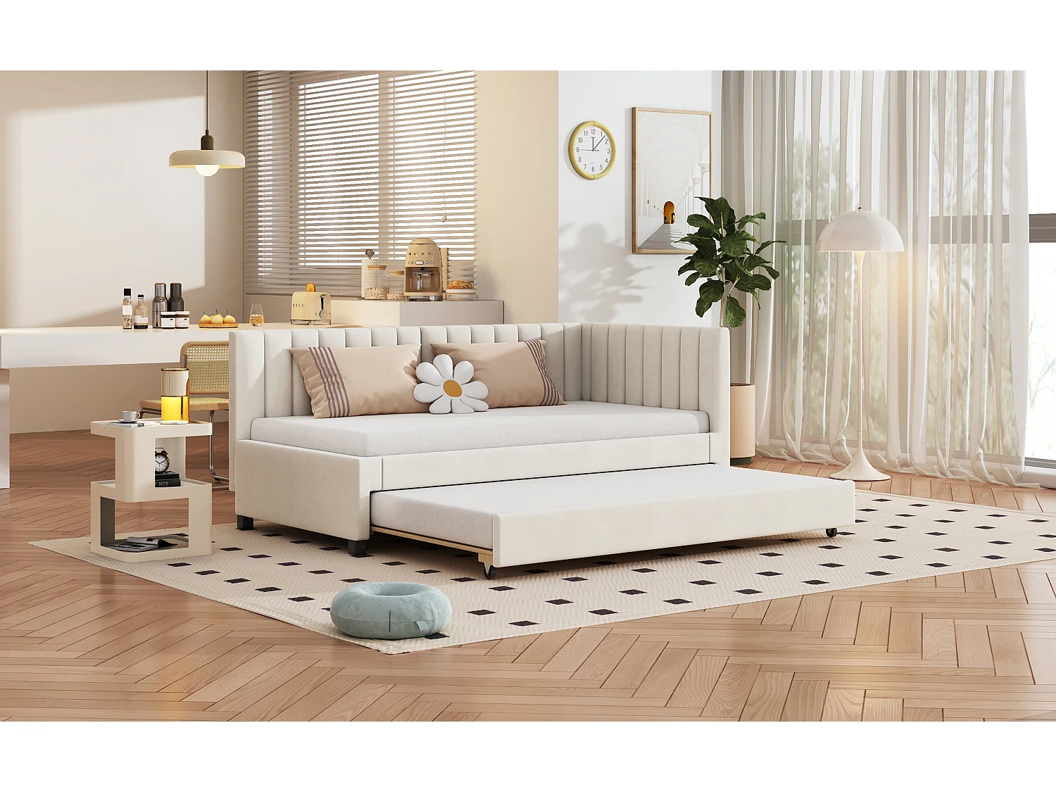 Canapé-lit 90x200 cm, lit escamotable multifonction, velours beige, avec sommier (209.5x97x71 cm)