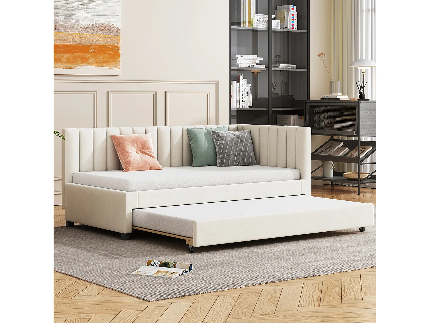 Canapé-lit 90x200 cm, lit escamotable multifonction, velours beige, avec sommier (209.5x97x71 cm)