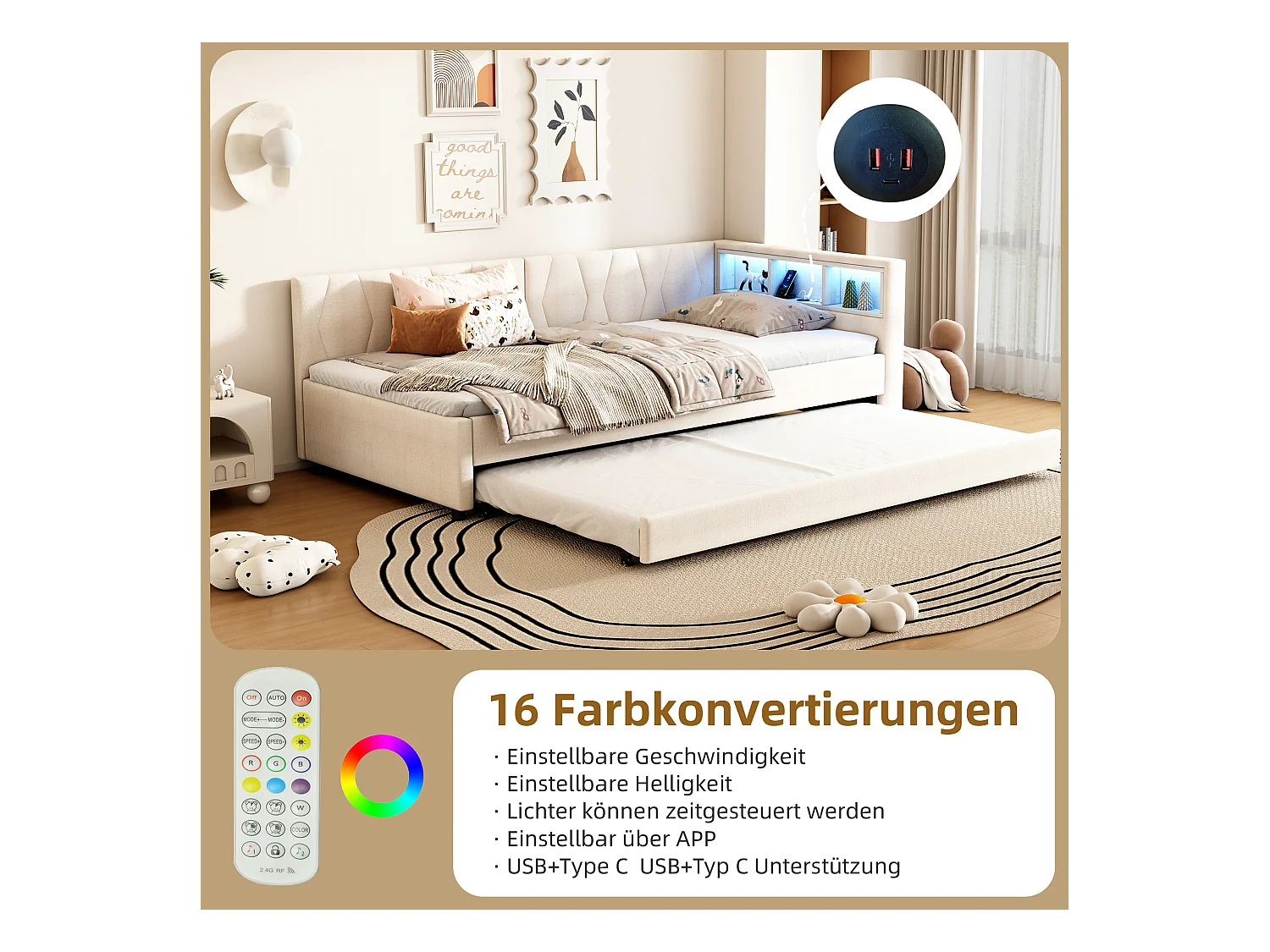 Daybett 90x200cm, Lit de jour, Canapé-lit, avec LED, Rangement, USB + Type-C, Lit extractible, avec sommier (sans matelas), Lin, Beige (210x94.5x71 cm)