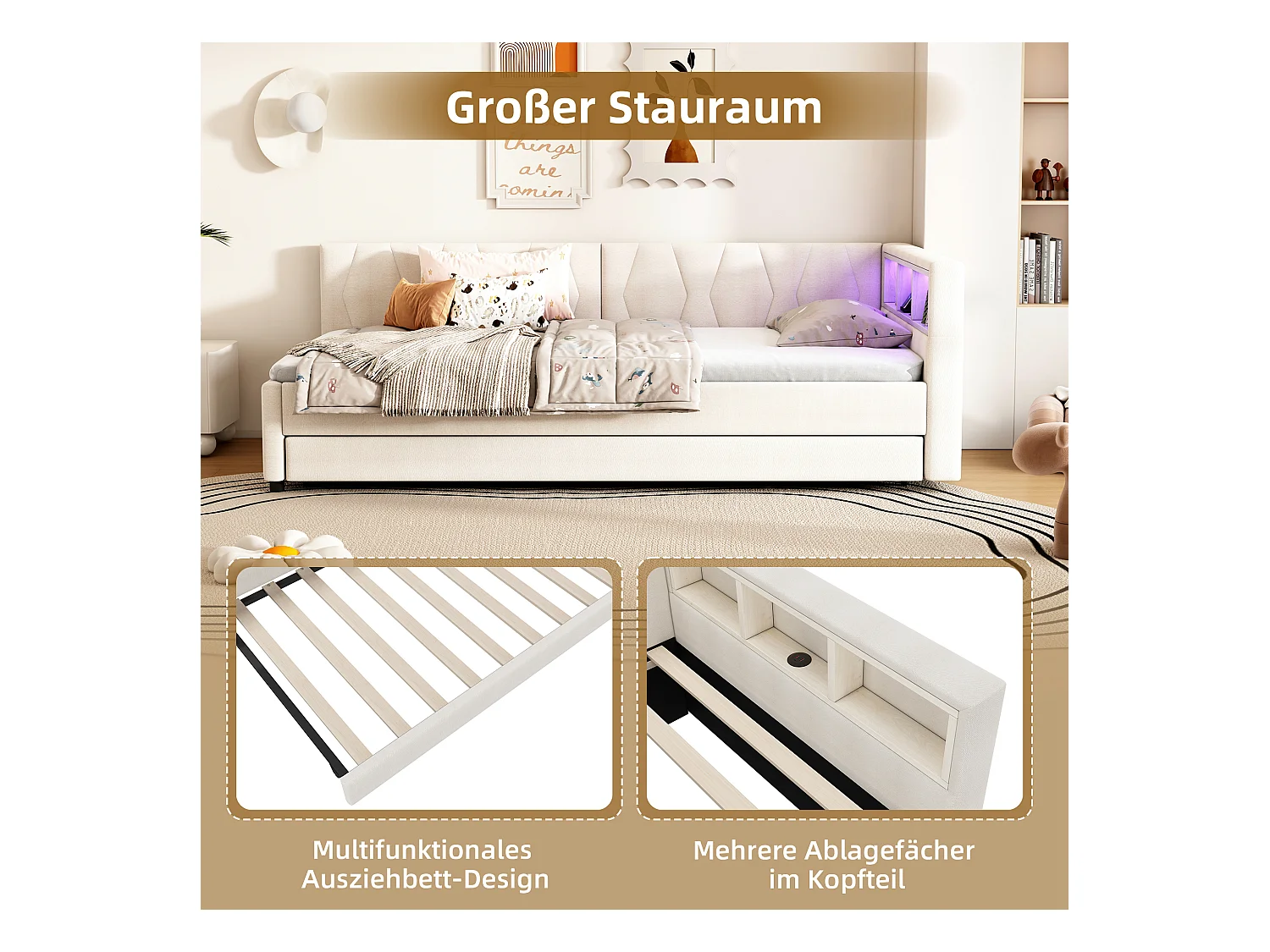 Daybett 90x200cm, Lit de jour, Canapé-lit, avec LED, Rangement, USB + Type-C, Lit extractible, avec sommier (sans matelas), Lin, Beige (210x94.5x71 cm)