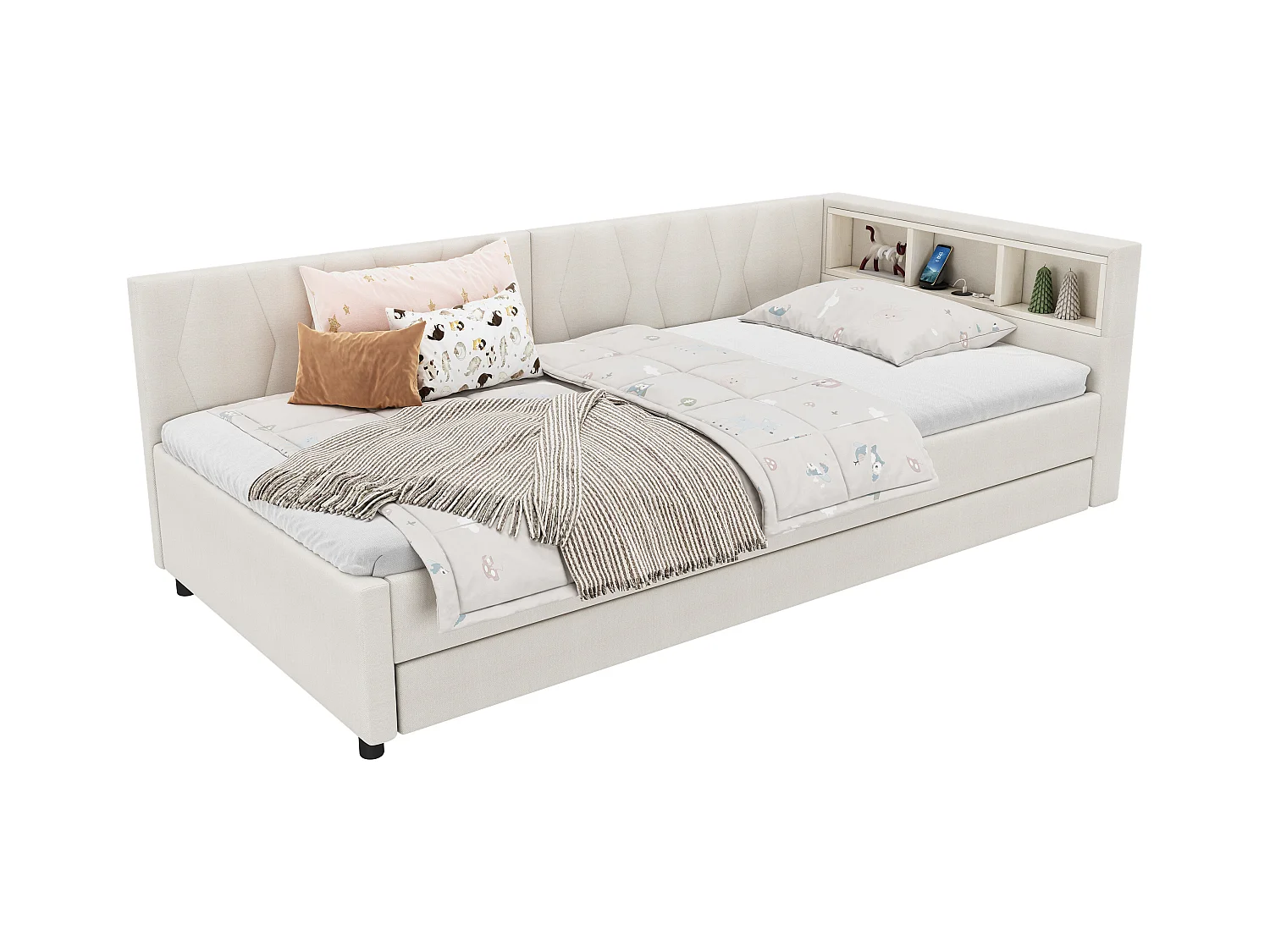 Daybett 90x200cm, Lit de jour, Canapé-lit, avec LED, Rangement, USB + Type-C, Lit extractible, avec sommier (sans matelas), Lin, Beige (210x94.5x71 cm)
