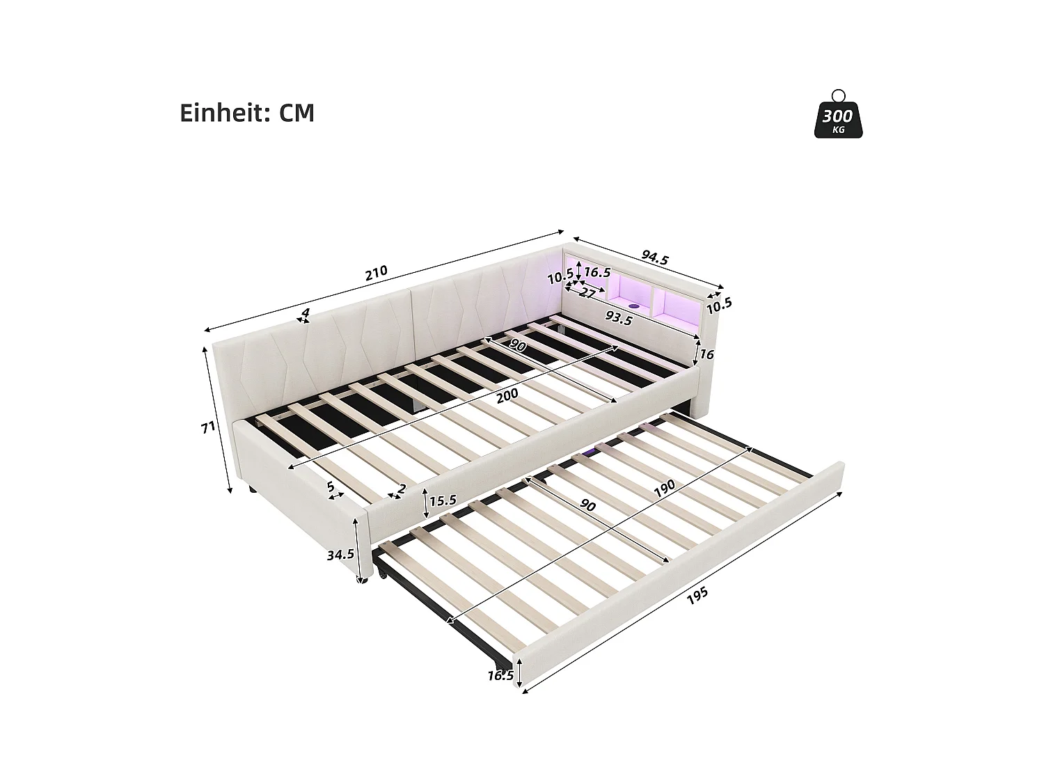 Daybett 90x200cm, Lit de jour, Canapé-lit, avec LED, Rangement, USB + Type-C, Lit extractible, avec sommier (sans matelas), Lin, Beige (210x94.5x71 cm)