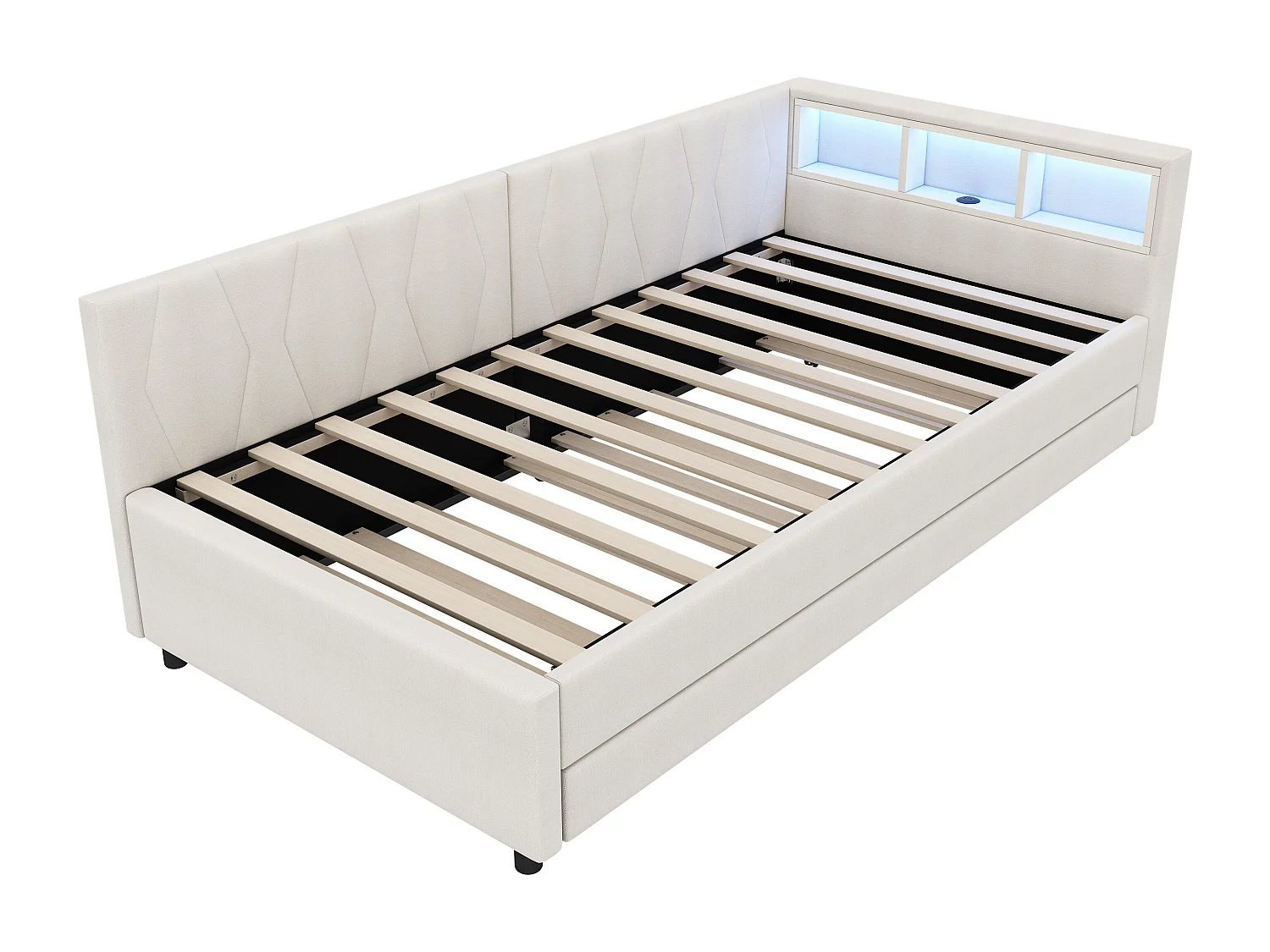 Daybett 90x200cm, Lit de jour, Canapé-lit, avec LED, Rangement, USB + Type-C, Lit extractible, avec sommier (sans matelas), Lin, Beige (210x94.5x71 cm)