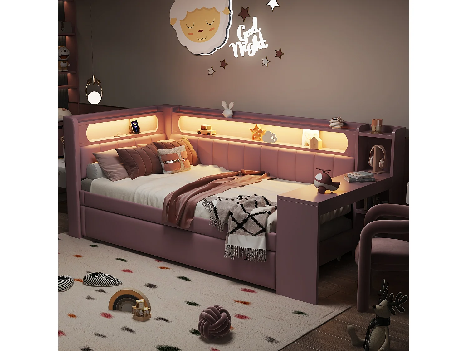 Lit de jour 90x200 cm avec ports USB et LED, lit escamotable avec bureau, rose (237x103.5x93.5 cm)
