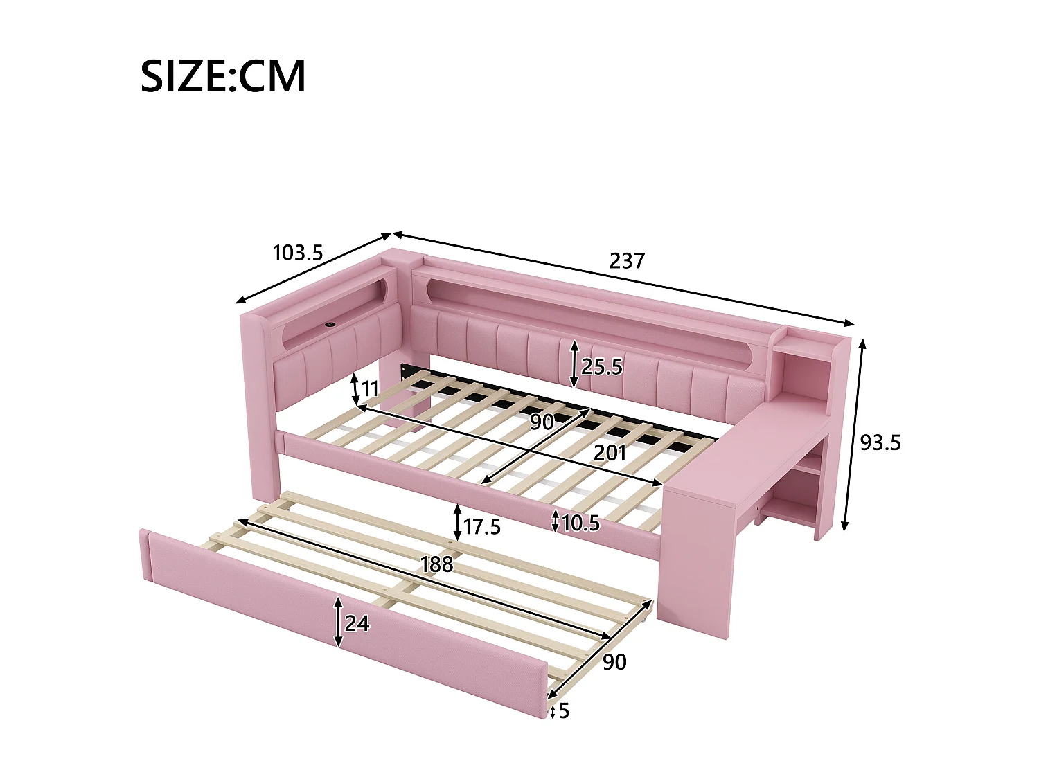 Lit de jour 90x200 cm avec ports USB et LED, lit escamotable avec bureau, rose (237x103.5x93.5 cm)