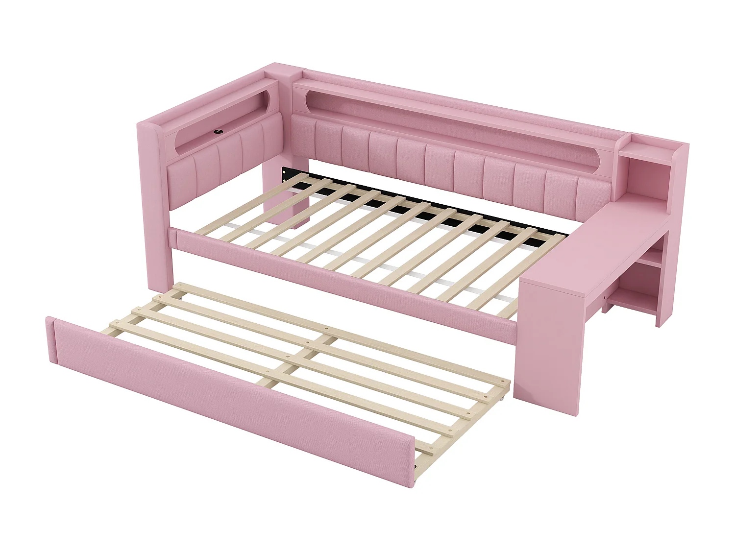 Lit de jour 90x200 cm avec ports USB et LED, lit escamotable avec bureau, rose (237x103.5x93.5 cm)