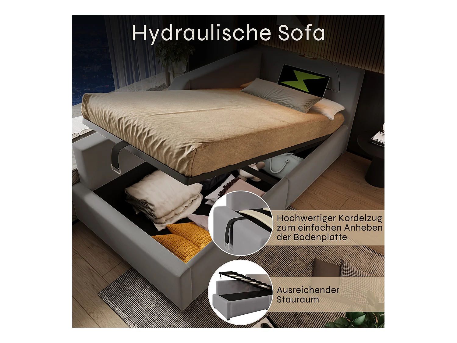 Lit de jour 90x200 cm avec rangement hydraulique, liseuse et port USB-C, cadre en velours gris, avec 4 tiroirs (203x98x70.5 cm)