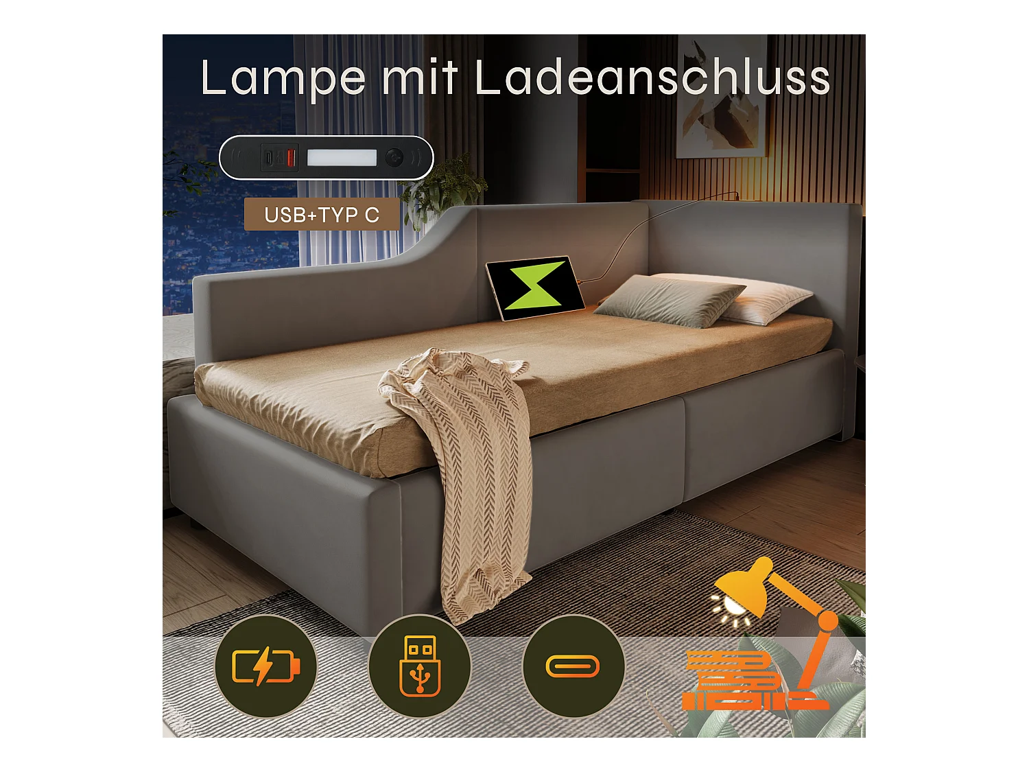 Lit de jour 90x200 cm avec rangement hydraulique, liseuse et port USB-C, cadre en velours gris, avec 4 tiroirs (203x98x70.5 cm)