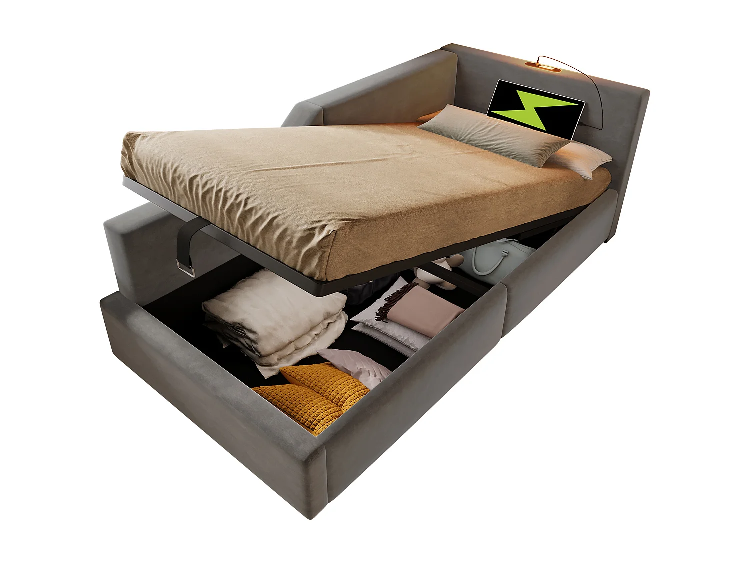 Lit de jour 90x200 cm avec rangement hydraulique, liseuse et port USB-C, cadre en velours gris, avec 4 tiroirs (203x98x70.5 cm)