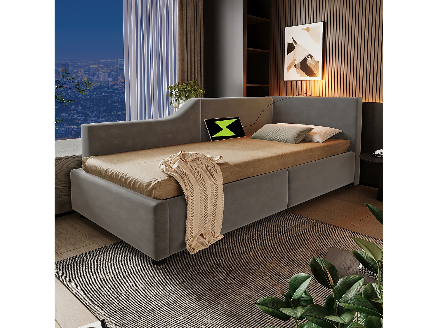 Lit de jour 90x200 cm avec rangement hydraulique, liseuse et port USB-C, cadre en velours gris, avec 4 tiroirs (203x98x70.5 cm)