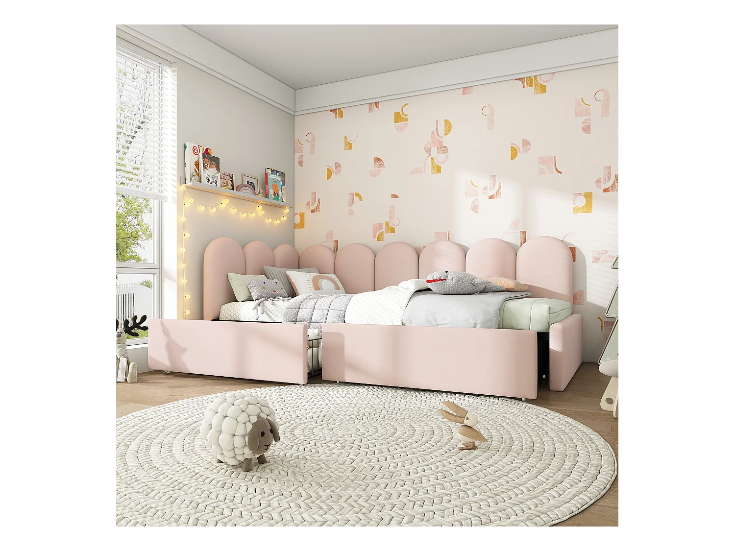 Dagbed met lades, roze fluwelen frame, 90x200cm, slaapbank, geïntegreerde opbergruimte (208x94x76cm)