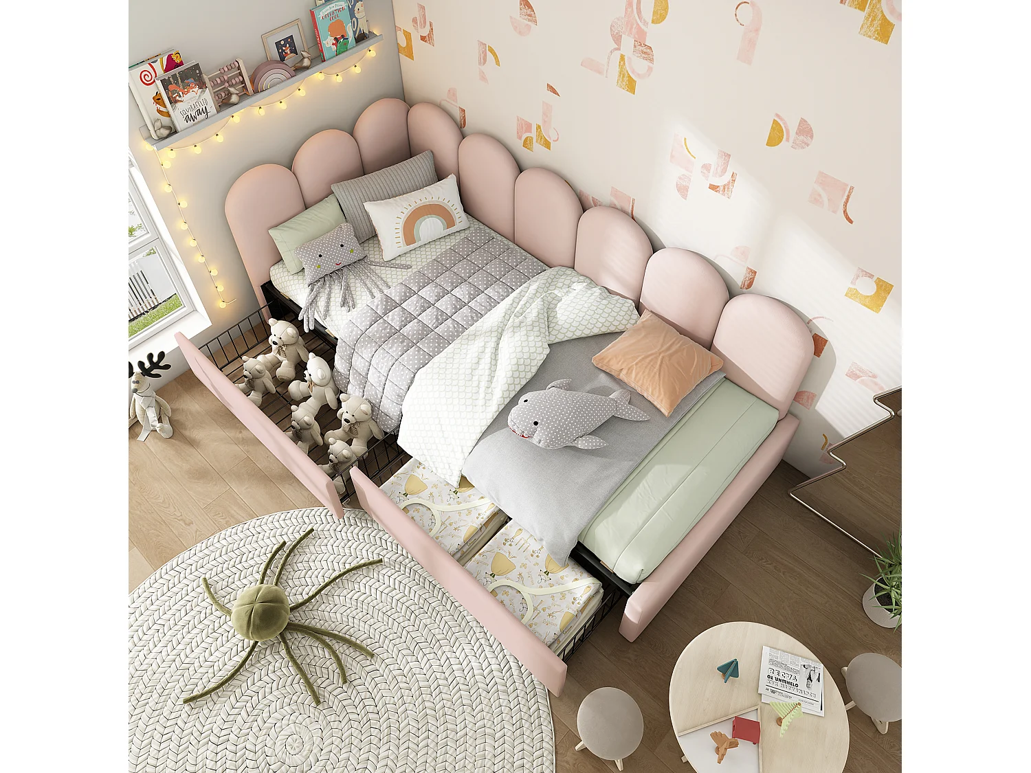 Dagbed met lades, roze fluwelen frame, 90x200cm, slaapbank, geïntegreerde opbergruimte (208x94x76cm)