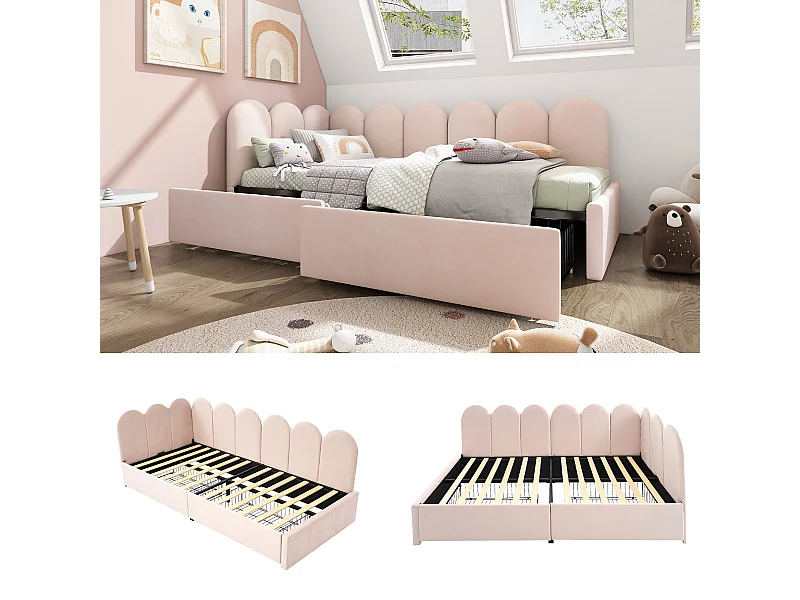 Lit banquette avec tiroirs, cadre tapissé velours rose, 90x200cm, canapé-lit, rangement intégré (208x94x76cm)