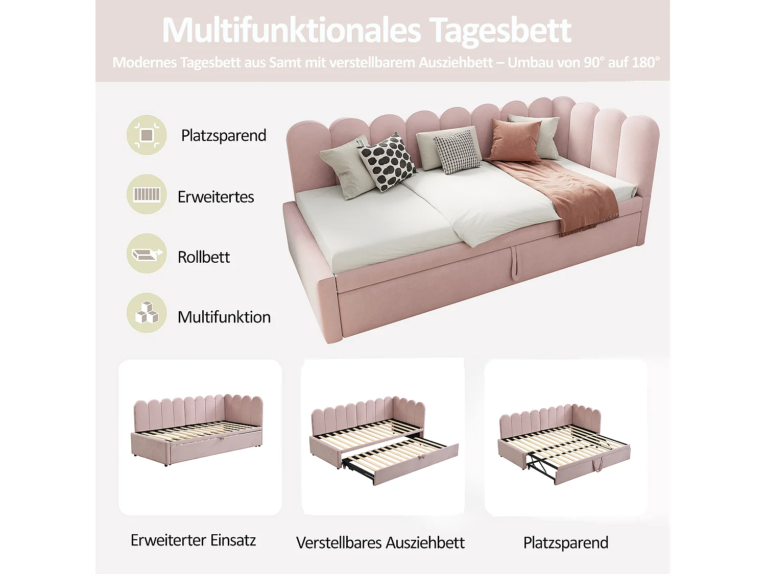 Canapé-lit 2-en-1 L-Forme 90/180x200 cm, design pratique, tissu velours rose, avec fonction lit et rangement intégré (204.5x188.5x88 cm)