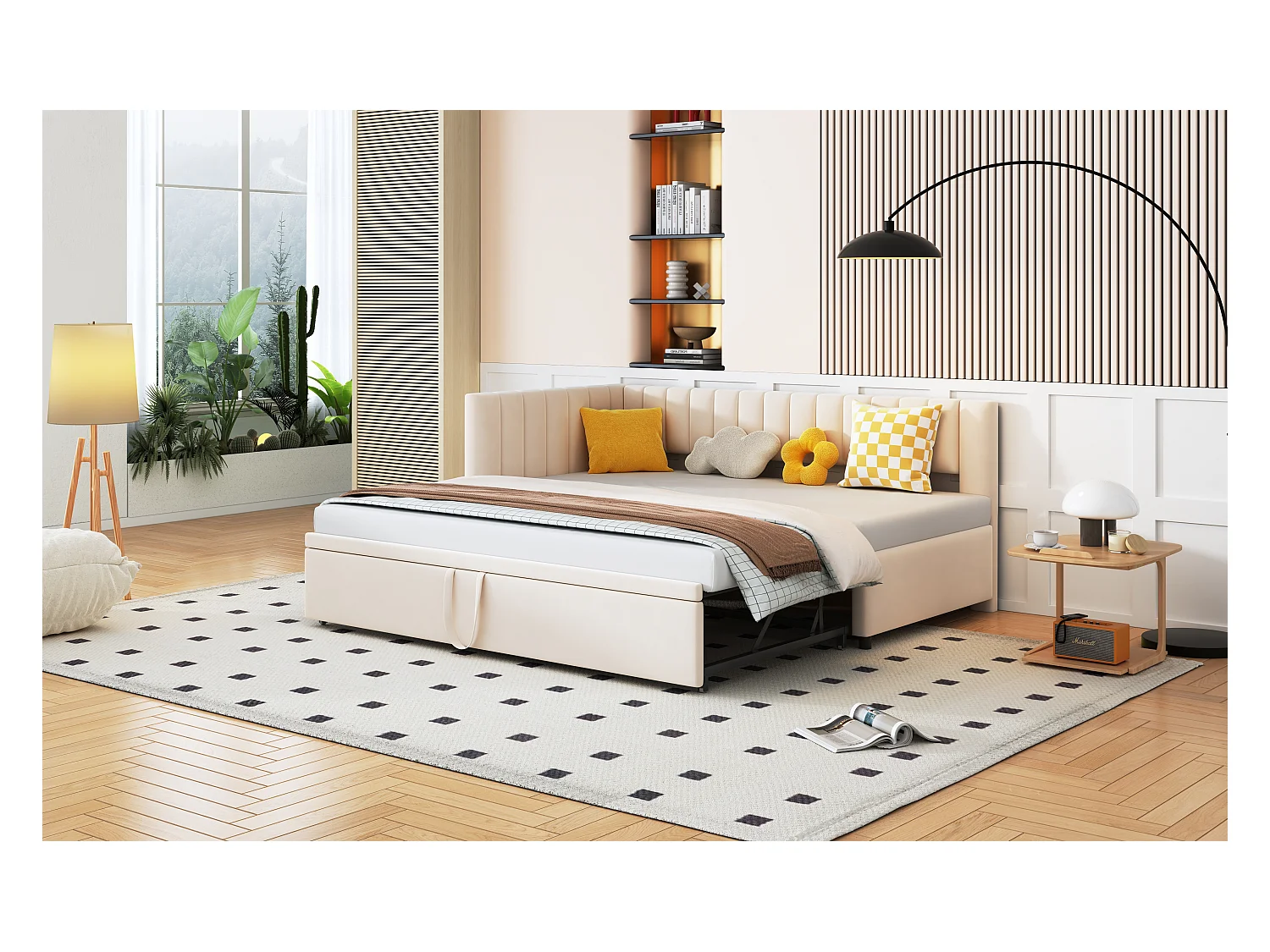 Canapé-lit multifonction L, lit escamotable 90/180x200 cm, tissu velours, gain de place, enfants et invités, beige (208x97.5x75 cm)