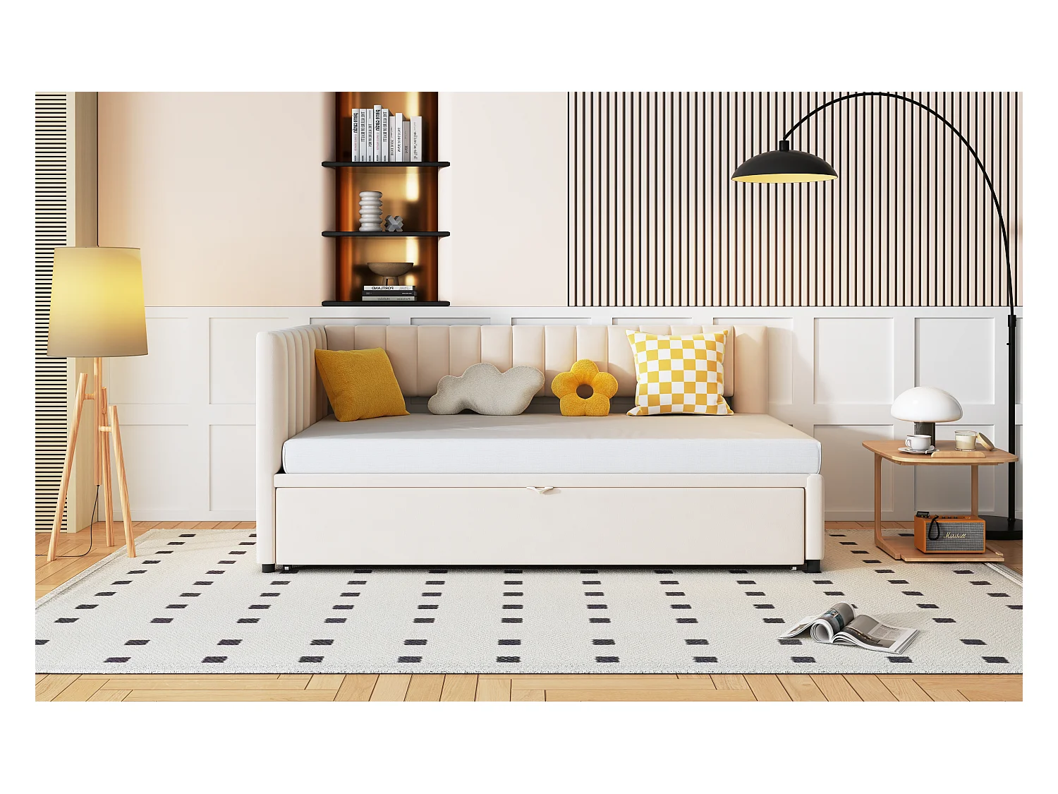 Canapé-lit multifonction L, lit escamotable 90/180x200 cm, tissu velours, gain de place, enfants et invités, beige (208x97.5x75 cm)