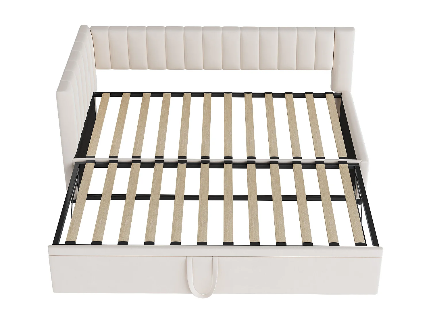 Canapé-lit multifonction L, lit escamotable 90/180x200 cm, tissu velours, gain de place, enfants et invités, beige (208x97.5x75 cm)