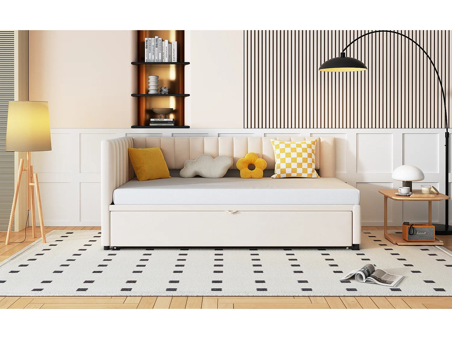 Canapé-lit multifonction L, lit escamotable 90/180x200 cm, tissu velours, gain de place, enfants et invités, beige (208x97.5x75 cm)