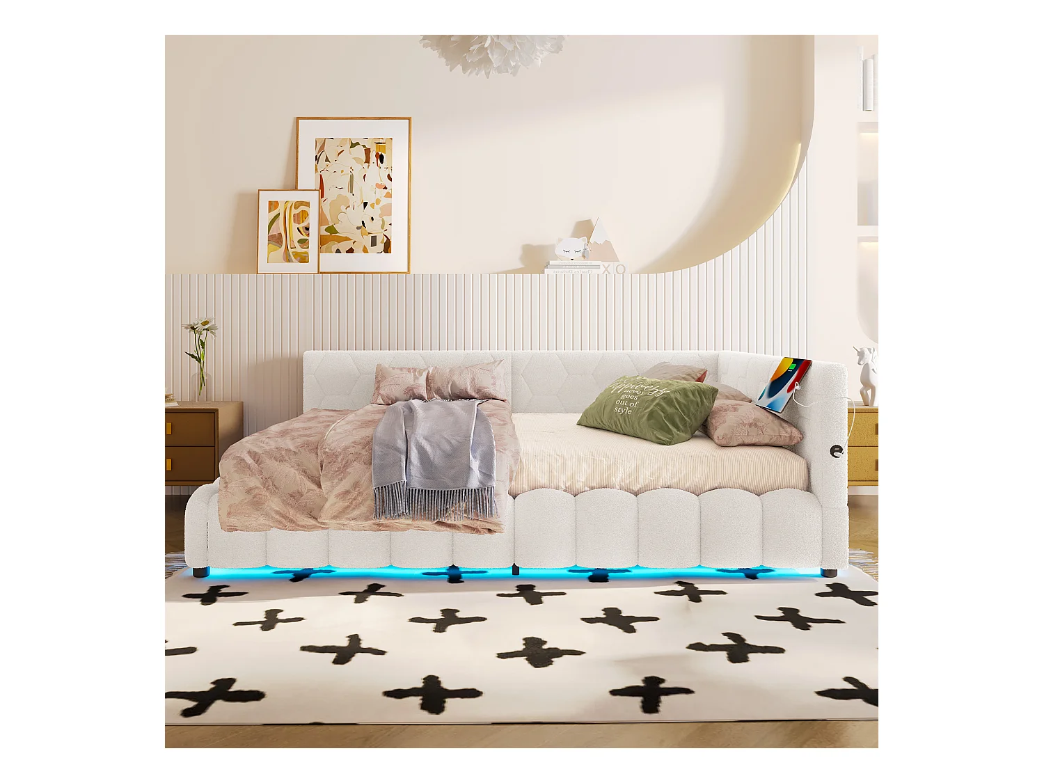 Daybed 90x200 cm, canapé-lit avec structure en velours, lit escamotable, LED, USB & Type-C, blanc (208x95x66.5 cm)