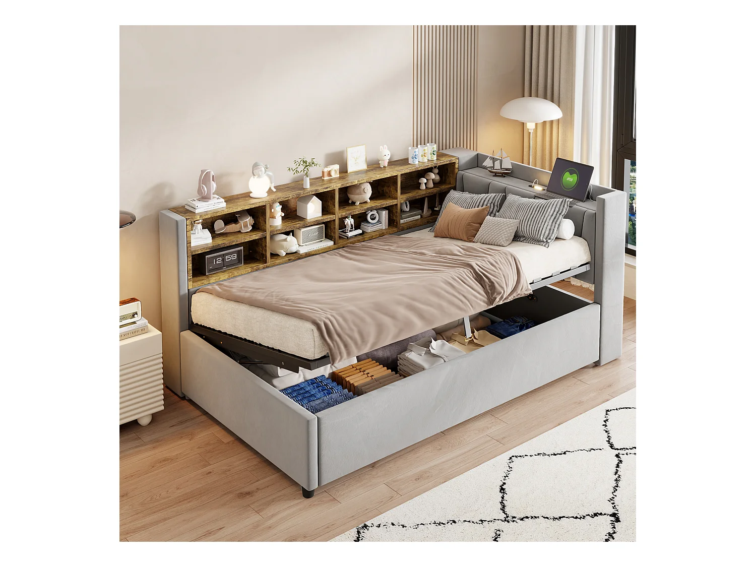 Canapé-lit rembourré - 90 x 200 cm - avec rangement hydraulique + veilleuse + étagères - velours - gris clair