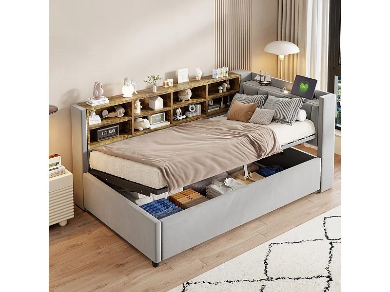 Gepolstertes Schlafsofa - 90 x 200 cm - mit hydraulischem Stauraum + Nachtlicht + Regale - Samt - Hellgrau