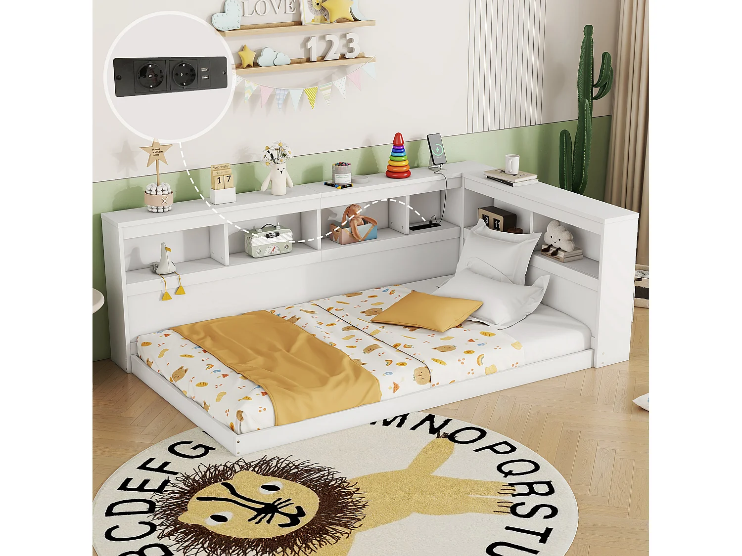 Lit sofa 90 x 200 cm avec 2 ports USB et prise, structure en panneaux de particules, blanc (223.6x116.6x70 cm)