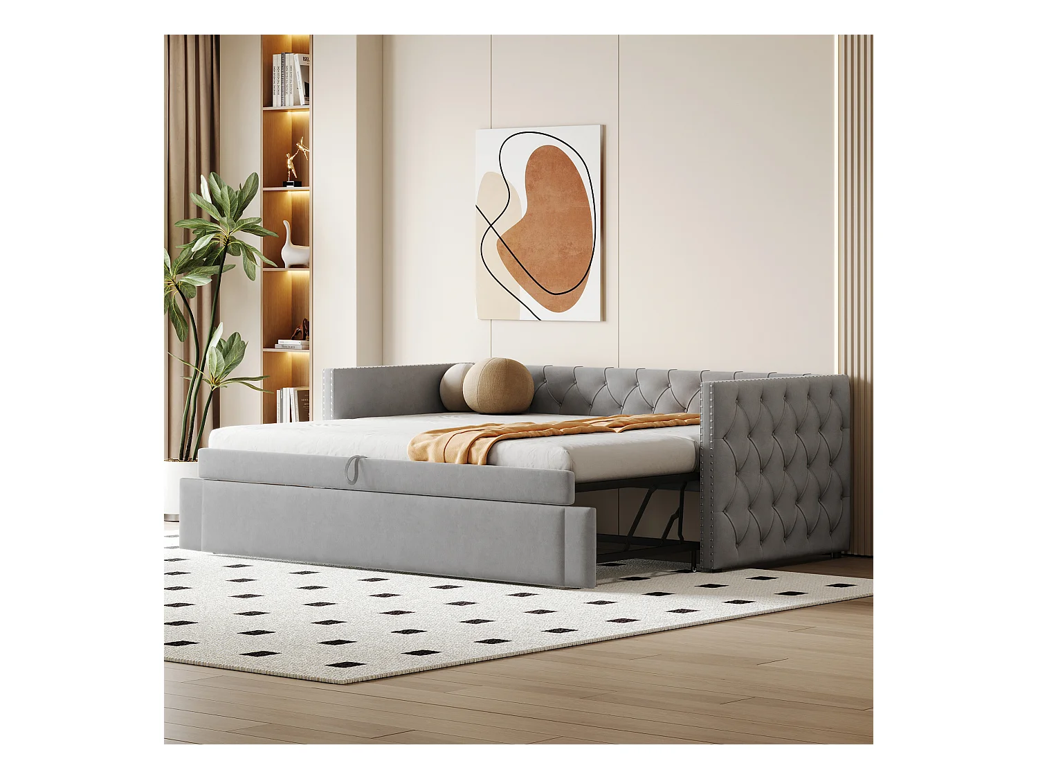 Canapé-lit 90x200cm, classique capitonné à boutons, avec sommier à lattes, velours gris clair, lit d’appoint multifonctionnel (215x96.5x74 cm)