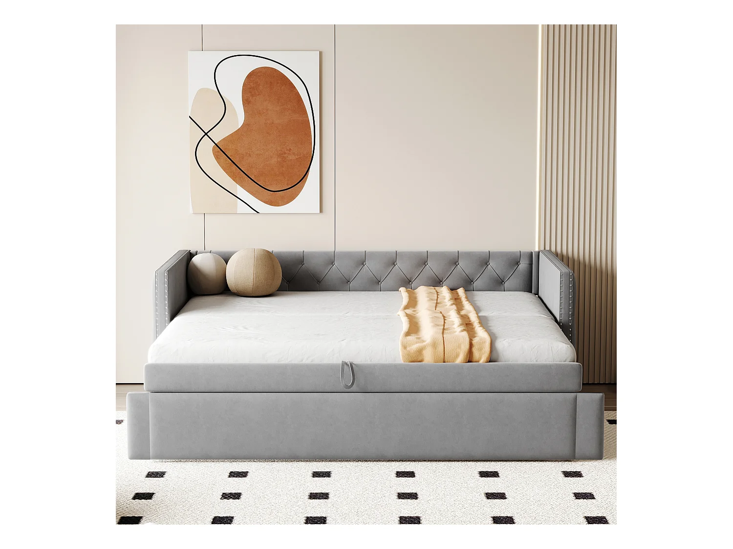 Canapé-lit 90x200cm, classique capitonné à boutons, avec sommier à lattes, velours gris clair, lit d’appoint multifonctionnel (215x96.5x74 cm)