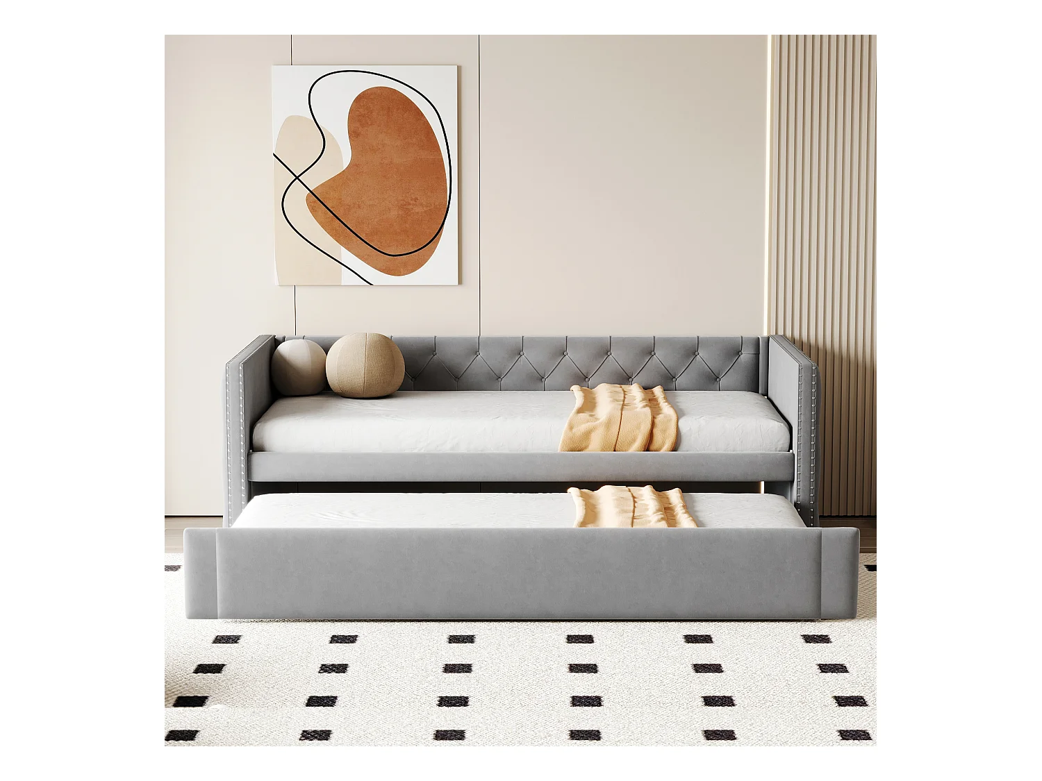 Canapé-lit 90x200cm, classique capitonné à boutons, avec sommier à lattes, velours gris clair, lit d’appoint multifonctionnel (215x96.5x74 cm)