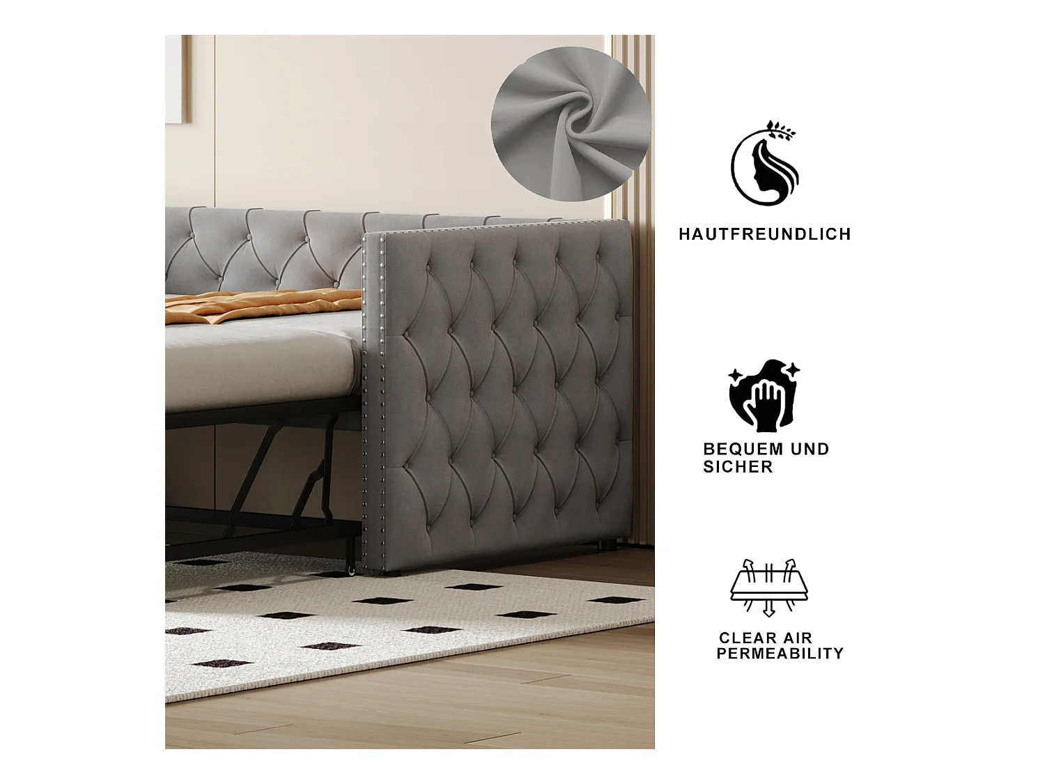 Canapé-lit 90x200cm, classique capitonné à boutons, avec sommier à lattes, velours gris clair, lit d’appoint multifonctionnel (215x96.5x74 cm)