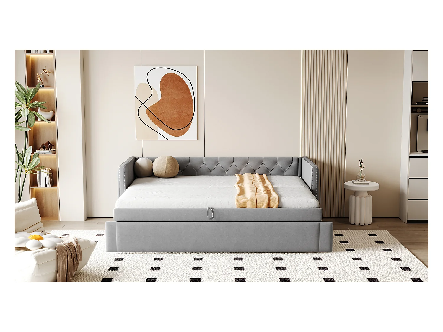 Canapé-lit 90x200cm, classique capitonné à boutons, avec sommier à lattes, velours gris clair, lit d’appoint multifonctionnel (215x96.5x74 cm)