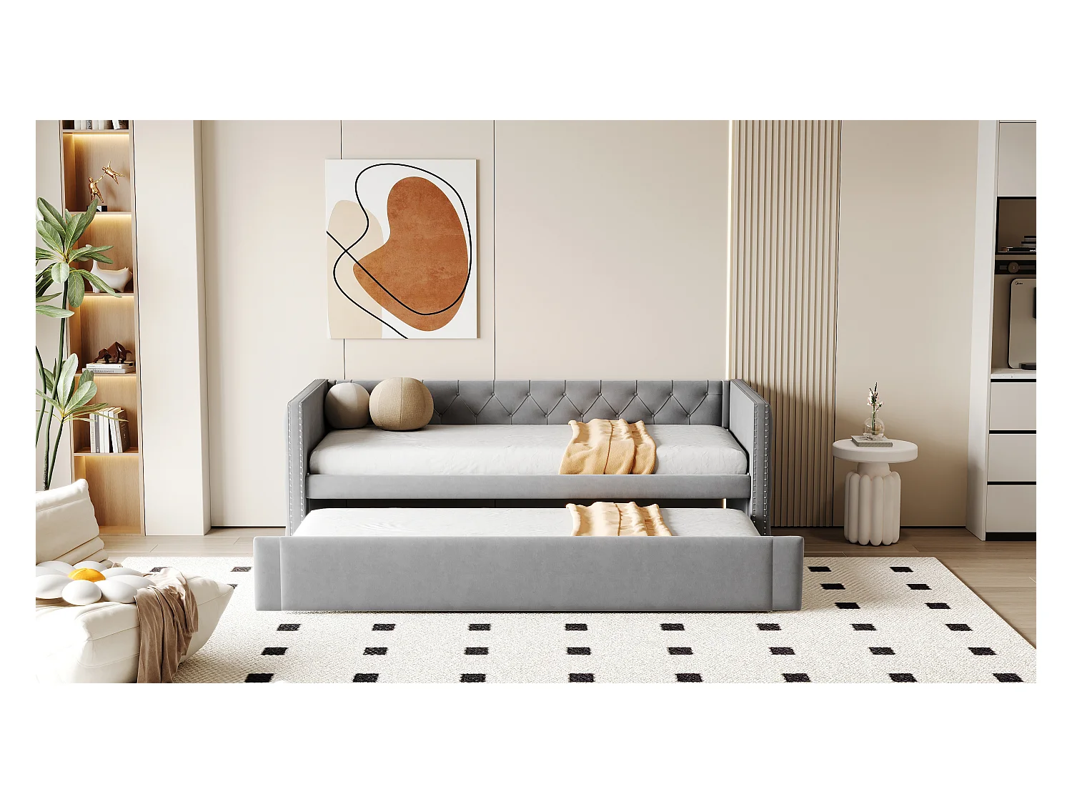 Canapé-lit 90x200cm, classique capitonné à boutons, avec sommier à lattes, velours gris clair, lit d’appoint multifonctionnel (215x96.5x74 cm)