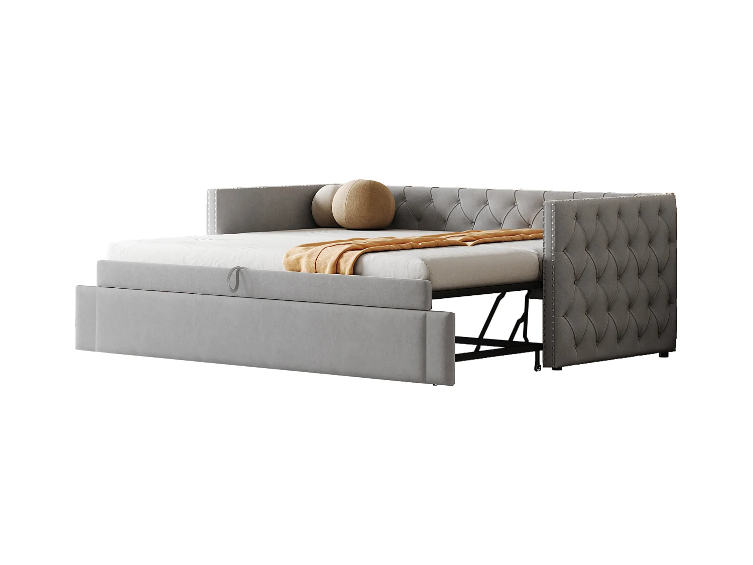 Canapé-lit 90x200cm, classique capitonné à boutons, avec sommier à lattes, velours gris clair, lit d’appoint multifonctionnel (215x96.5x74 cm)