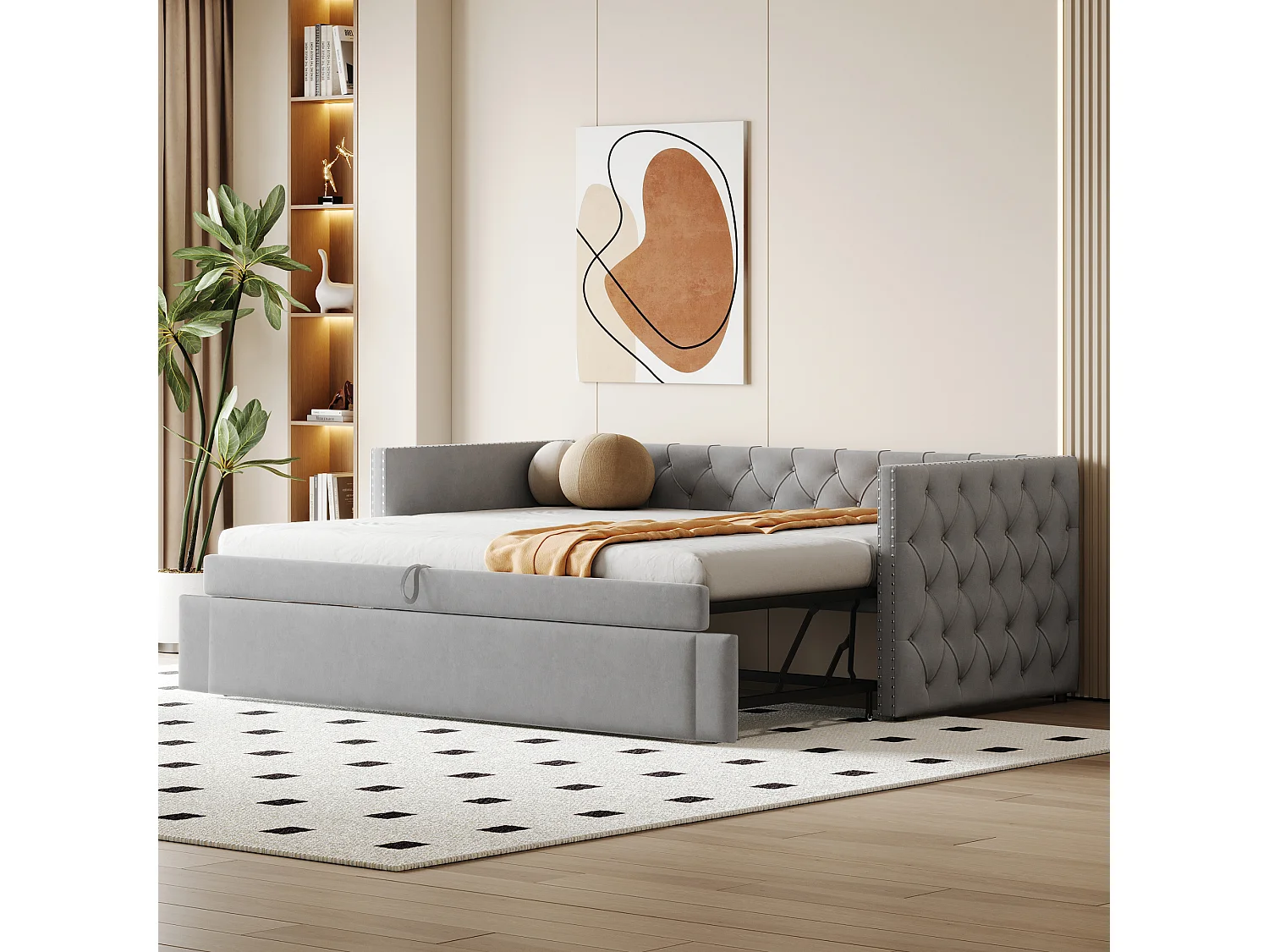 Canapé-lit 90x200cm, classique capitonné à boutons, avec sommier à lattes, velours gris clair, lit d’appoint multifonctionnel (215x96.5x74 cm)