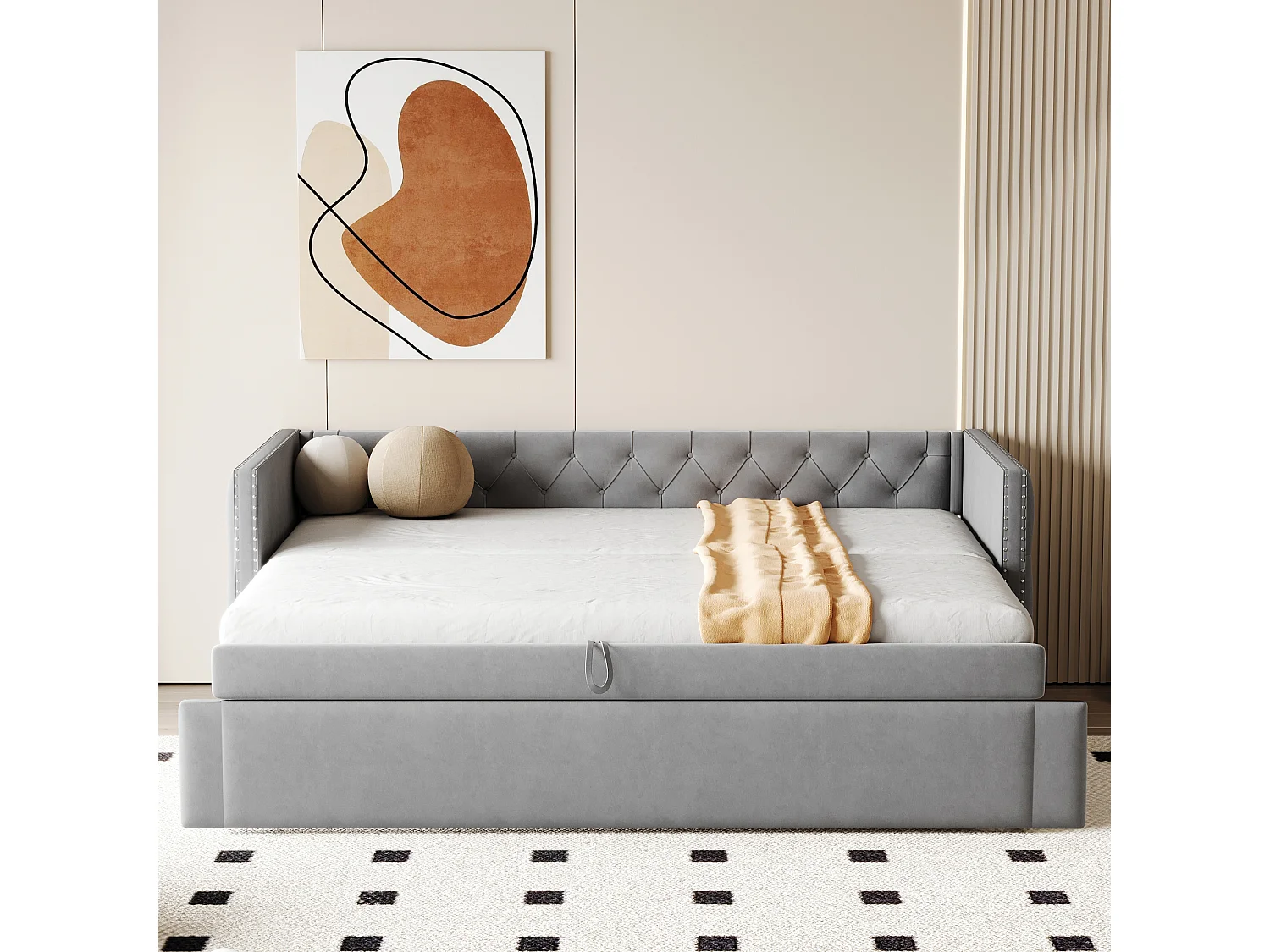 Canapé-lit 90x200cm, classique capitonné à boutons, avec sommier à lattes, velours gris clair, lit d’appoint multifonctionnel (215x96.5x74 cm)