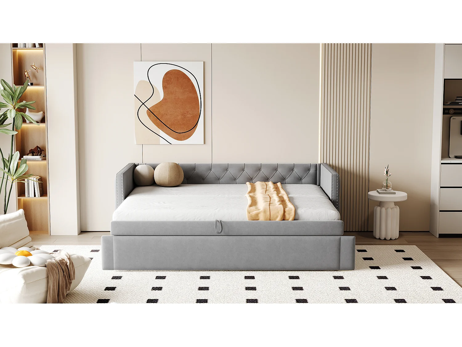 Canapé-lit 90x200cm, classique capitonné à boutons, avec sommier à lattes, velours gris clair, lit d’appoint multifonctionnel (215x96.5x74 cm)