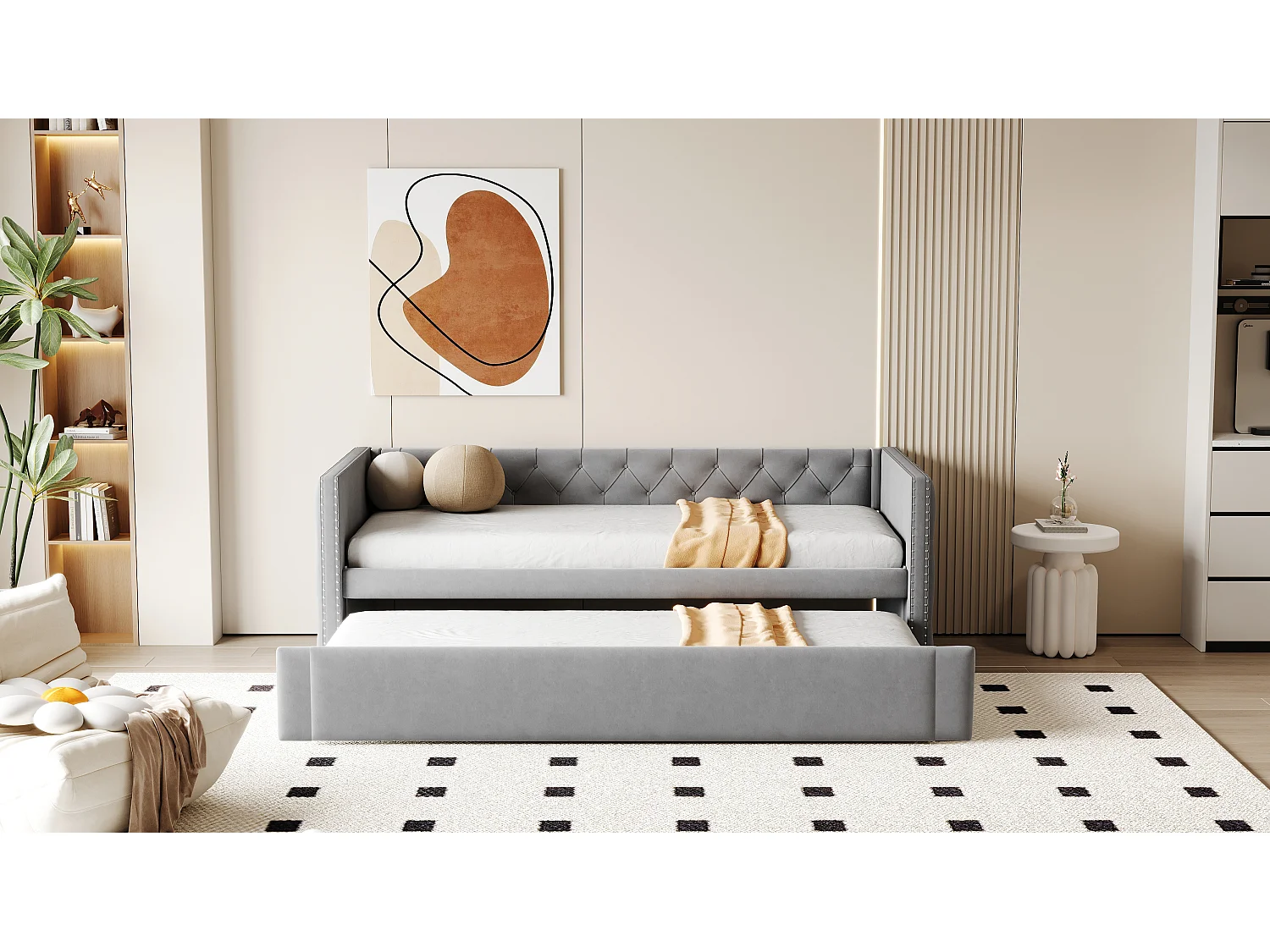 Canapé-lit 90x200cm, classique capitonné à boutons, avec sommier à lattes, velours gris clair, lit d’appoint multifonctionnel (215x96.5x74 cm)