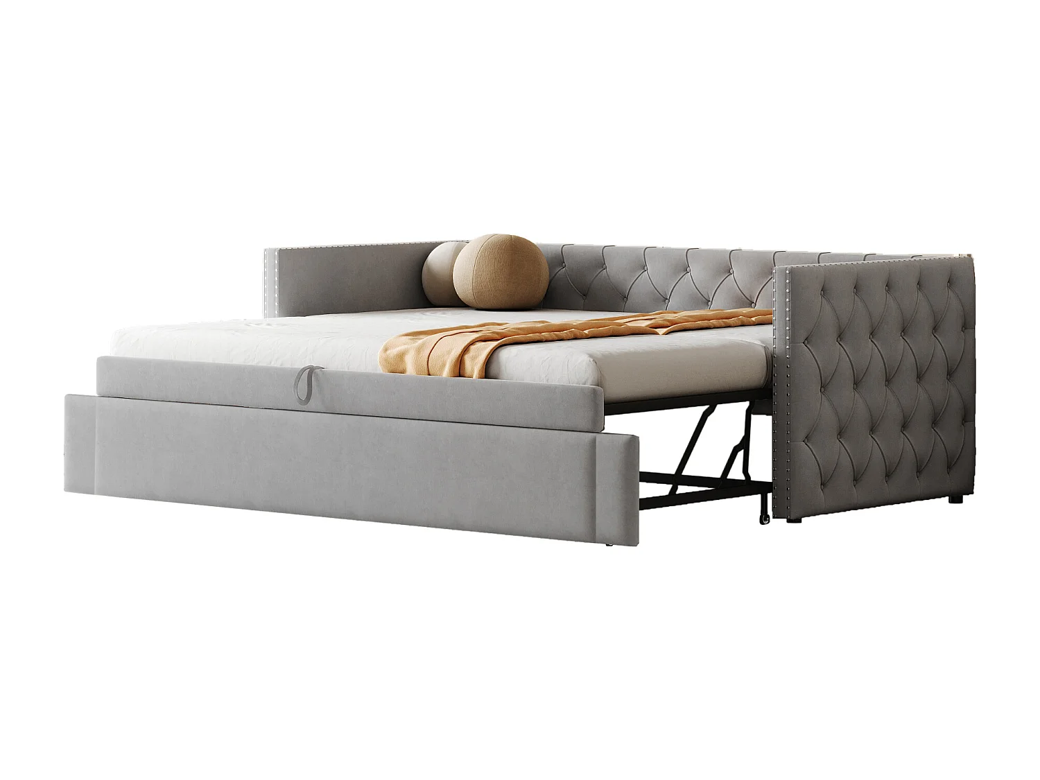 Canapé-lit 90x200cm, classique capitonné à boutons, avec sommier à lattes, velours gris clair, lit d’appoint multifonctionnel (215x96.5x74 cm)